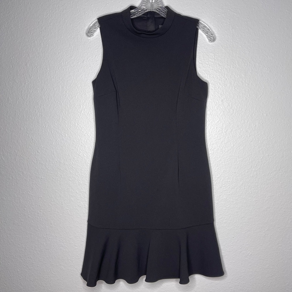 Saks Fifth‎ Ave Ruffle Hem Mock Neck Little Black Dress - Size 8 - Metal Zipper